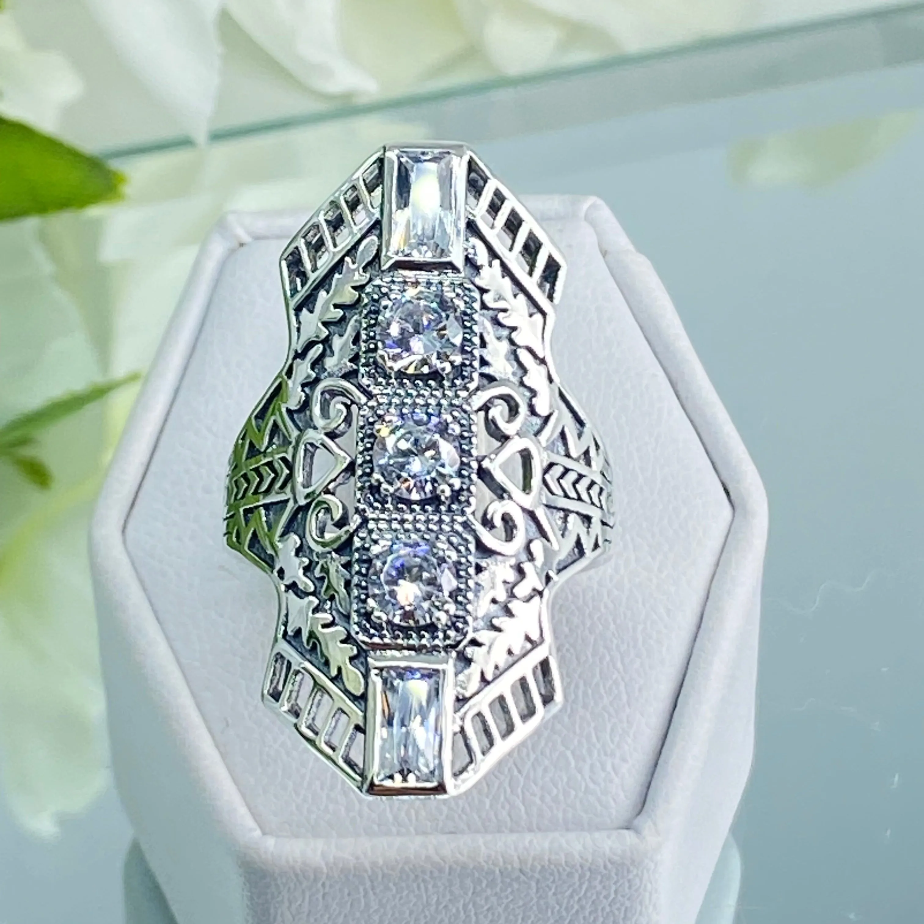 White CZ Ring, Size 9, Art Deco 1930s Jewelry #D214 - Ready to Ship