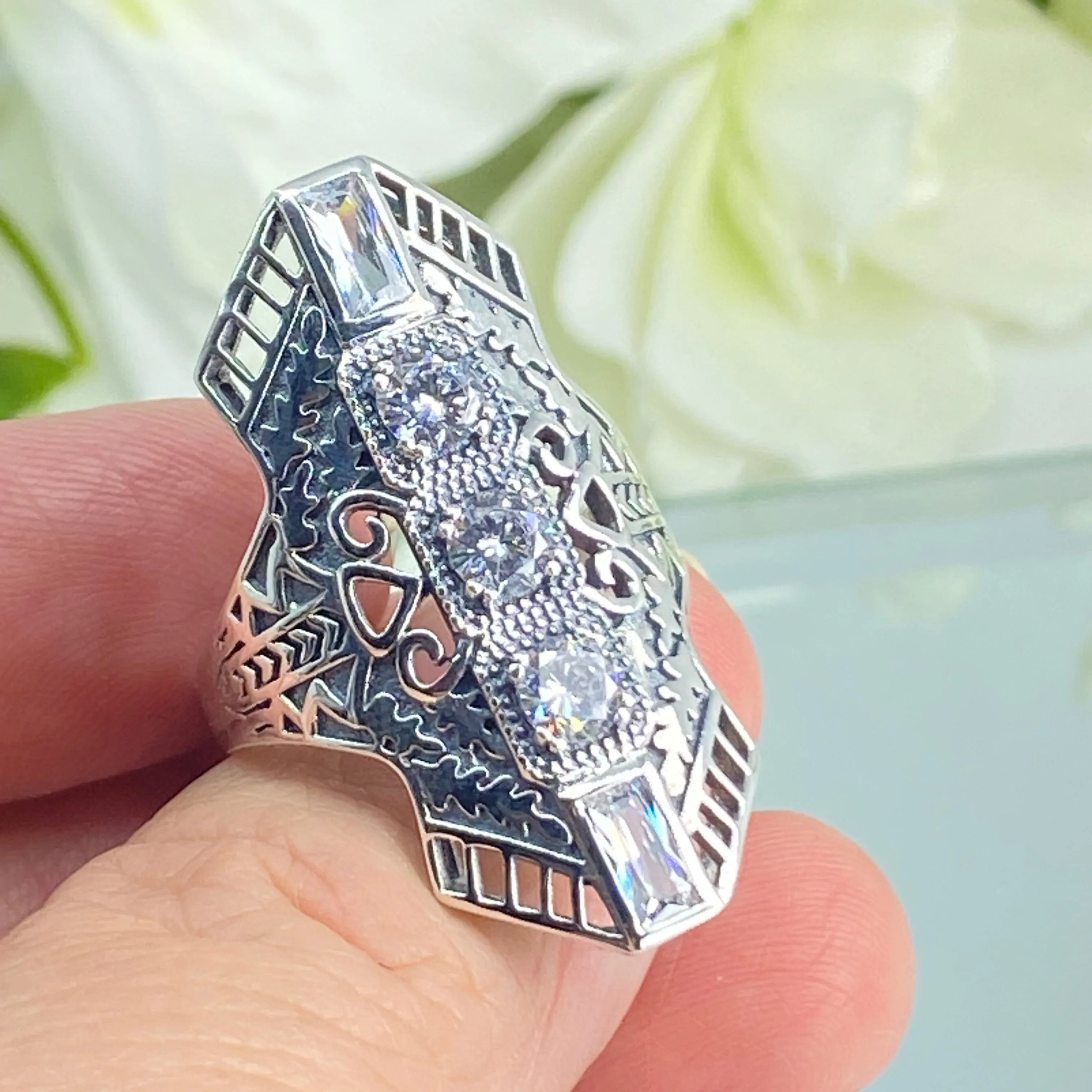 White CZ Ring, Size 9, Art Deco 1930s Jewelry #D214 - Ready to Ship