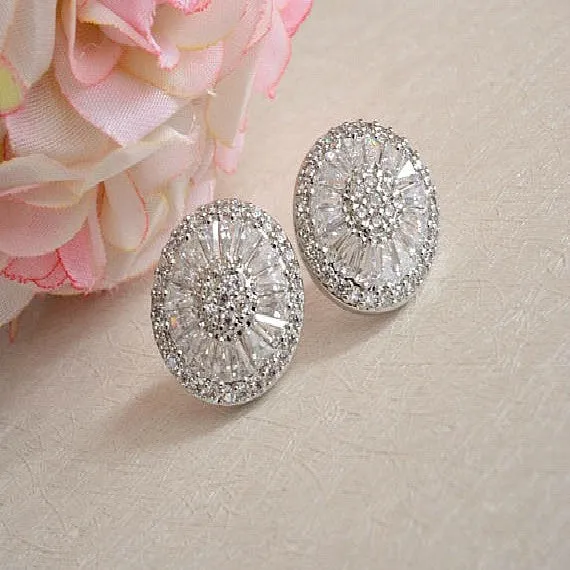 White Gold Wedding Stud Earrings. Round Crystal Bridal Stud Earrings. CZ Art Deco Statement Stud Earrings. Bridesmaid Gift Stud Earrings