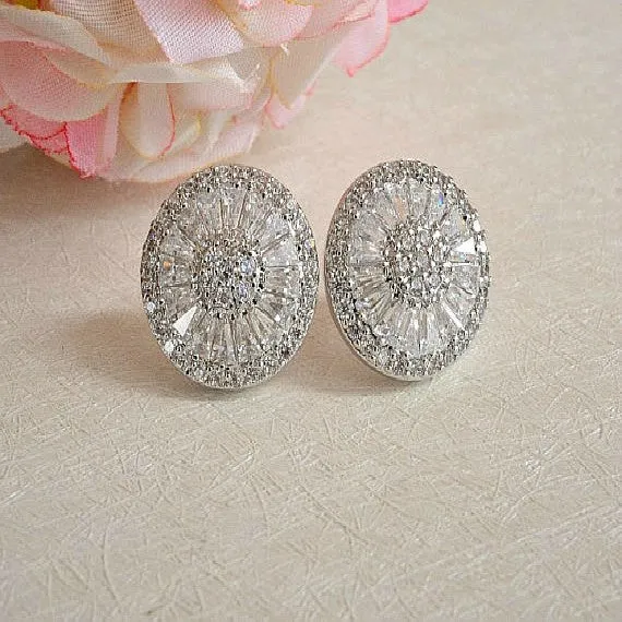 White Gold Wedding Stud Earrings. Round Crystal Bridal Stud Earrings. CZ Art Deco Statement Stud Earrings. Bridesmaid Gift Stud Earrings