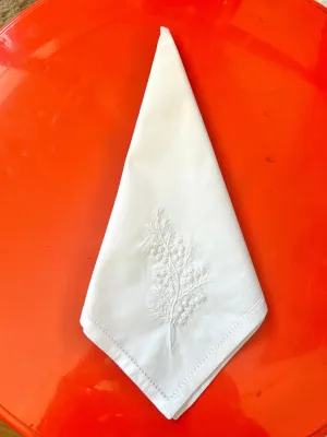 “White on White” French knots on white cotton napkins, 17"x17", hand embroidered and hem stitched