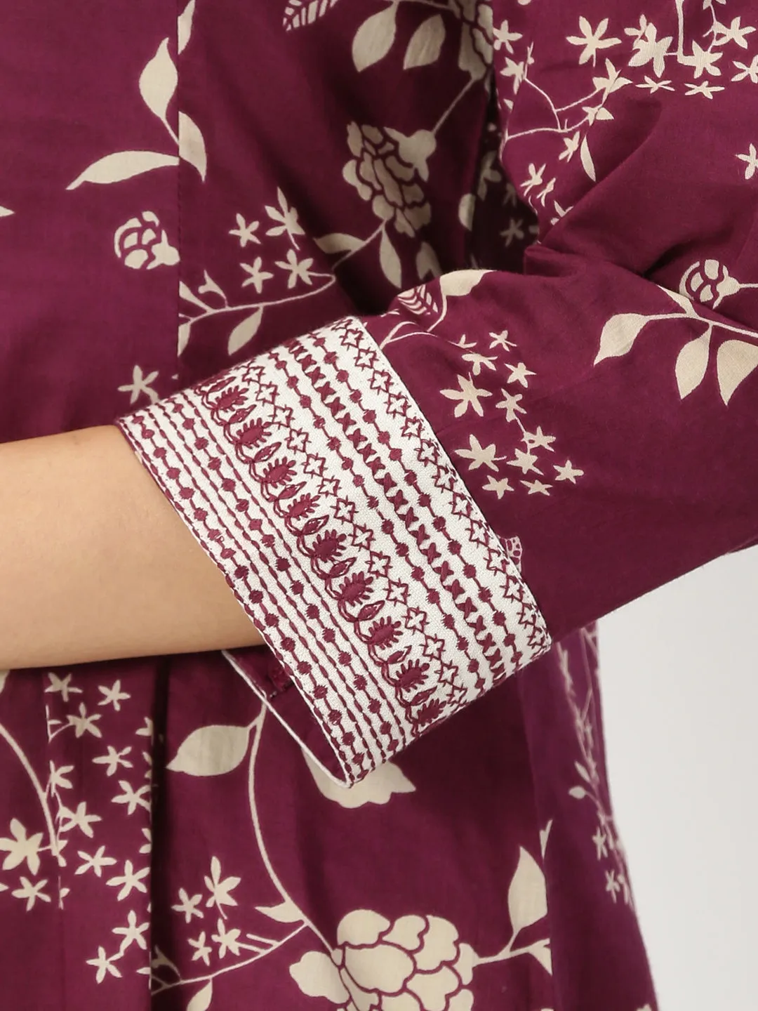 Wine Floral Button-Down Kurta with Embroidery Border