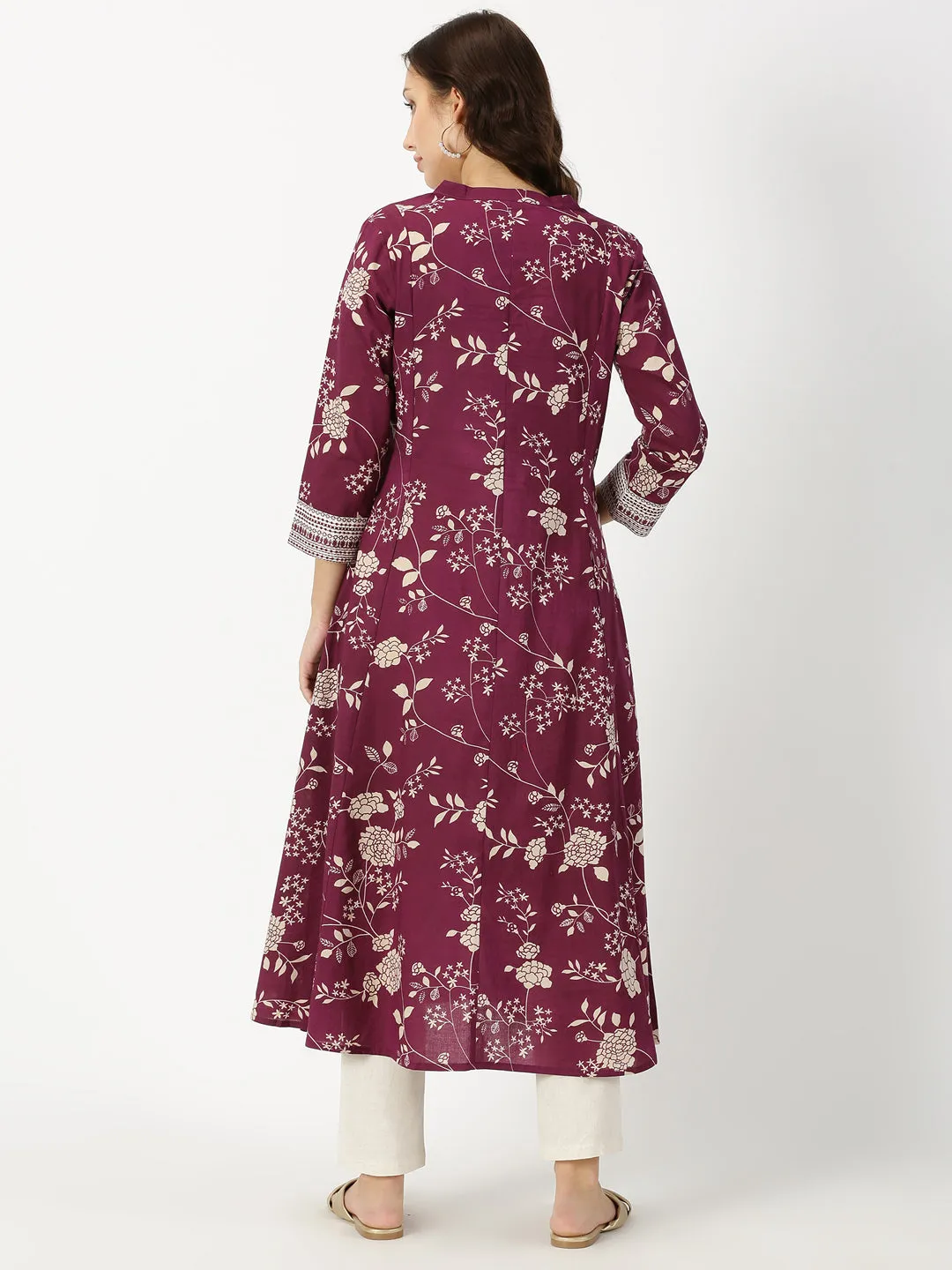 Wine Floral Button-Down Kurta with Embroidery Border