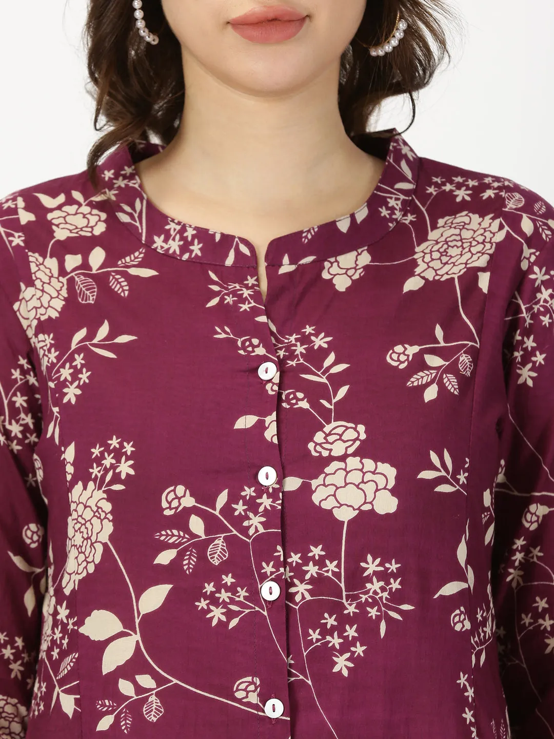 Wine Floral Button-Down Kurta with Embroidery Border