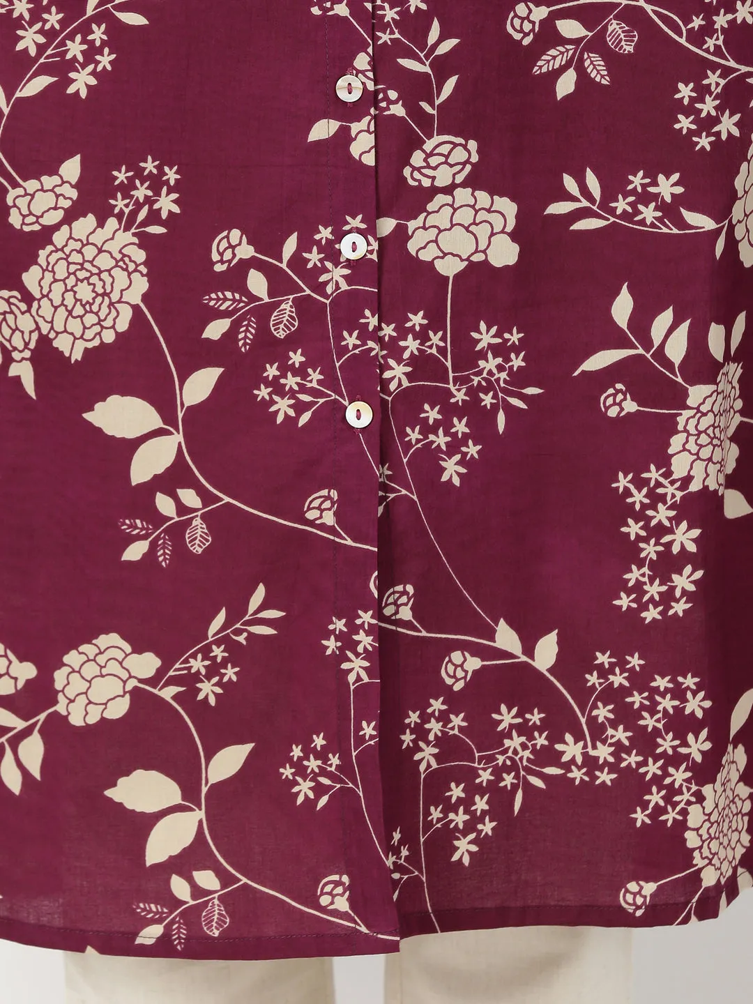 Wine Floral Button-Down Kurta with Embroidery Border
