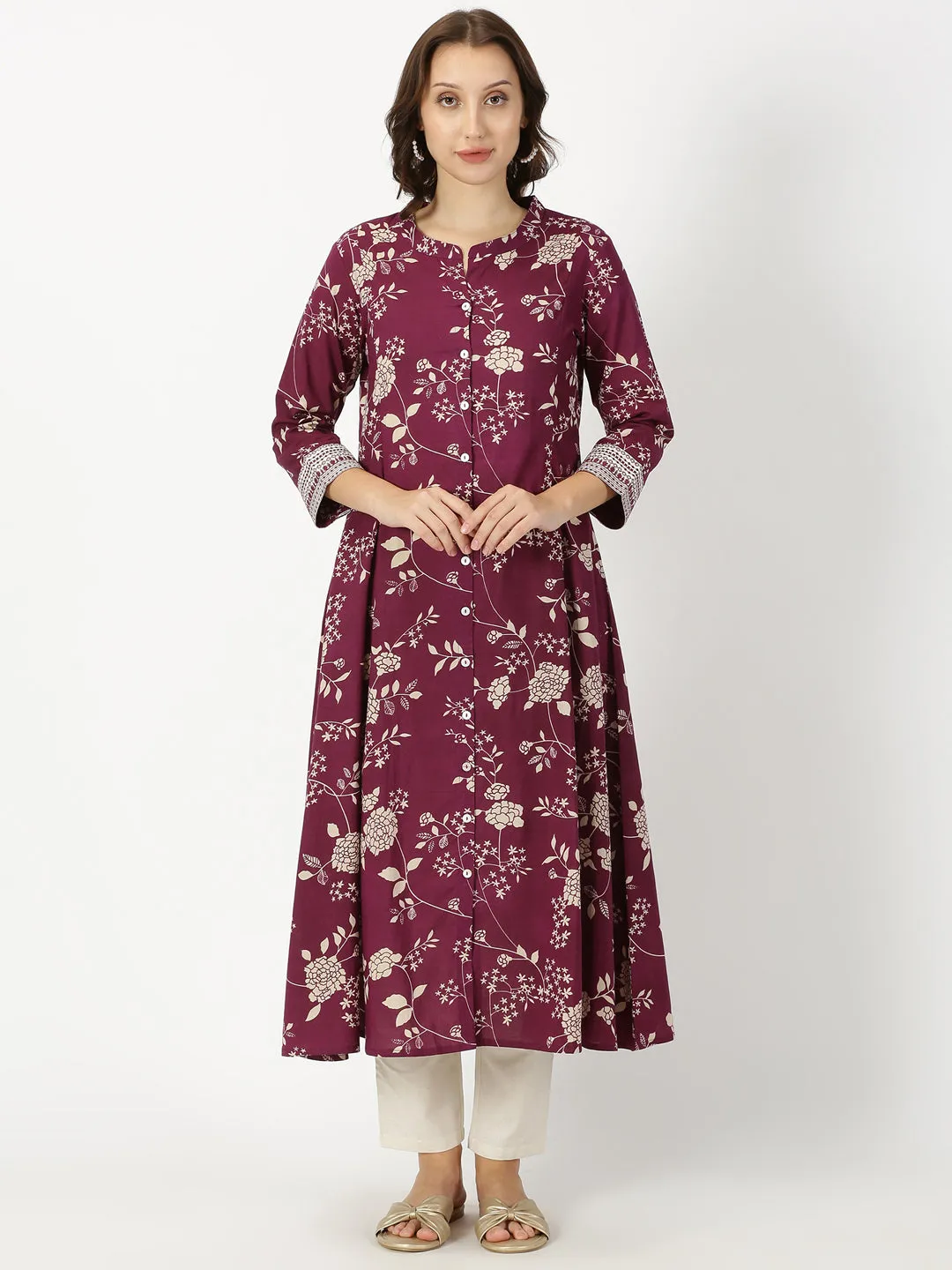 Wine Floral Button-Down Kurta with Embroidery Border