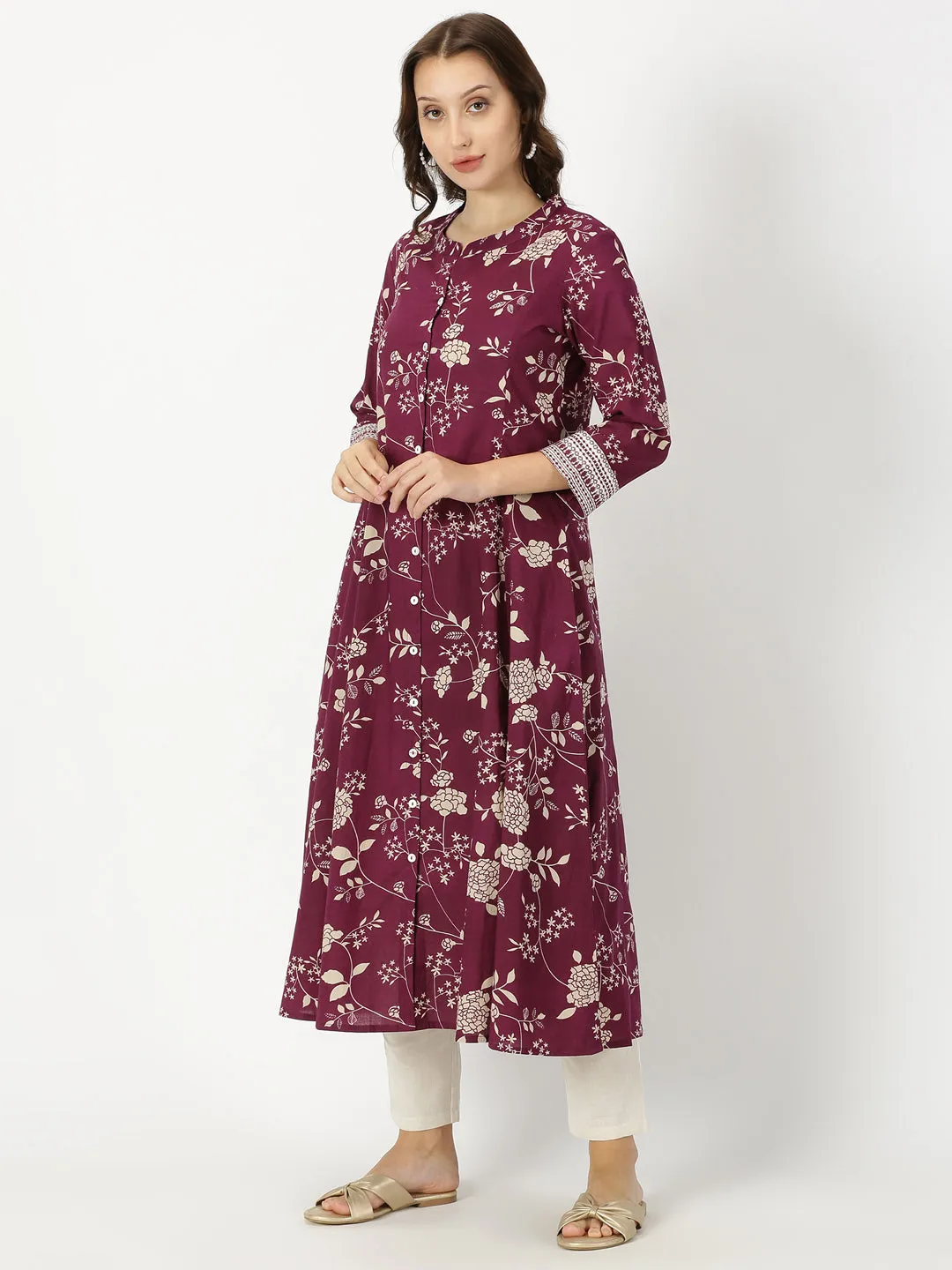 Wine Floral Button-Down Kurta with Embroidery Border