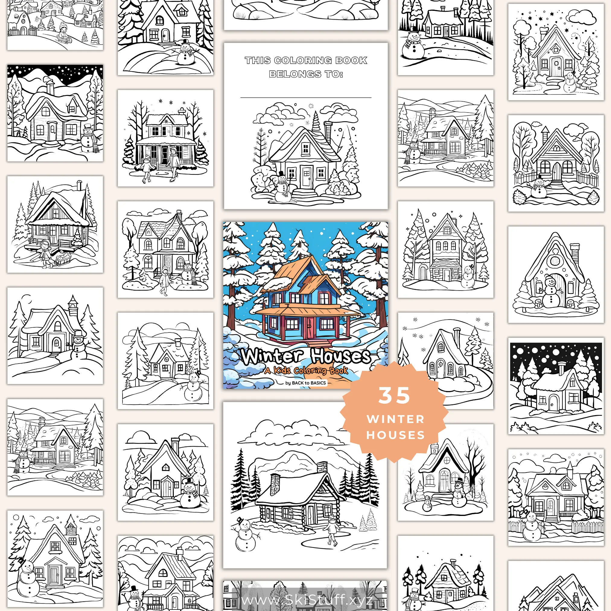 Winter Houses Kids Coloring Book Instant Download