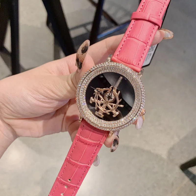 Women's Watch sword pattern black diamond large dial leather strap simple watch