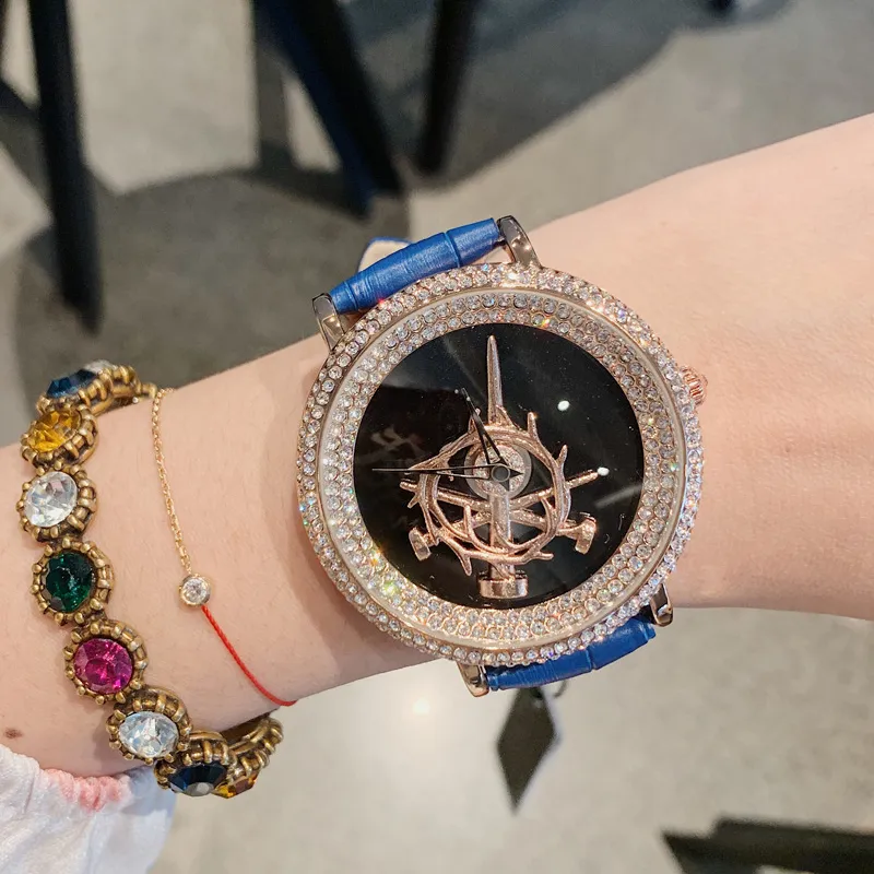 Women's Watch sword pattern black diamond large dial leather strap simple watch