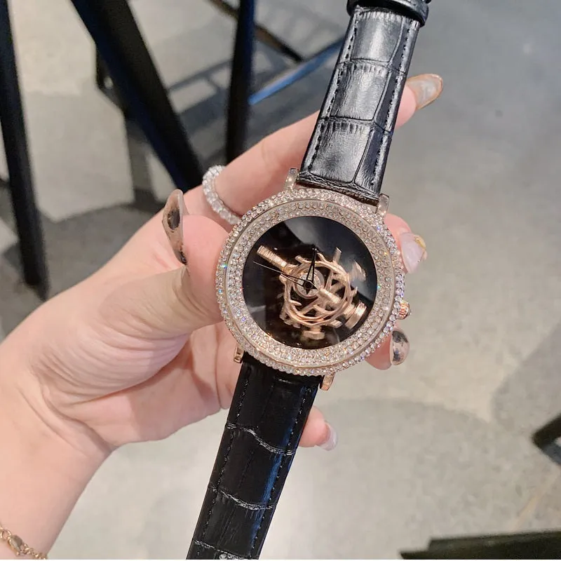 Women's Watch sword pattern black diamond large dial leather strap simple watch