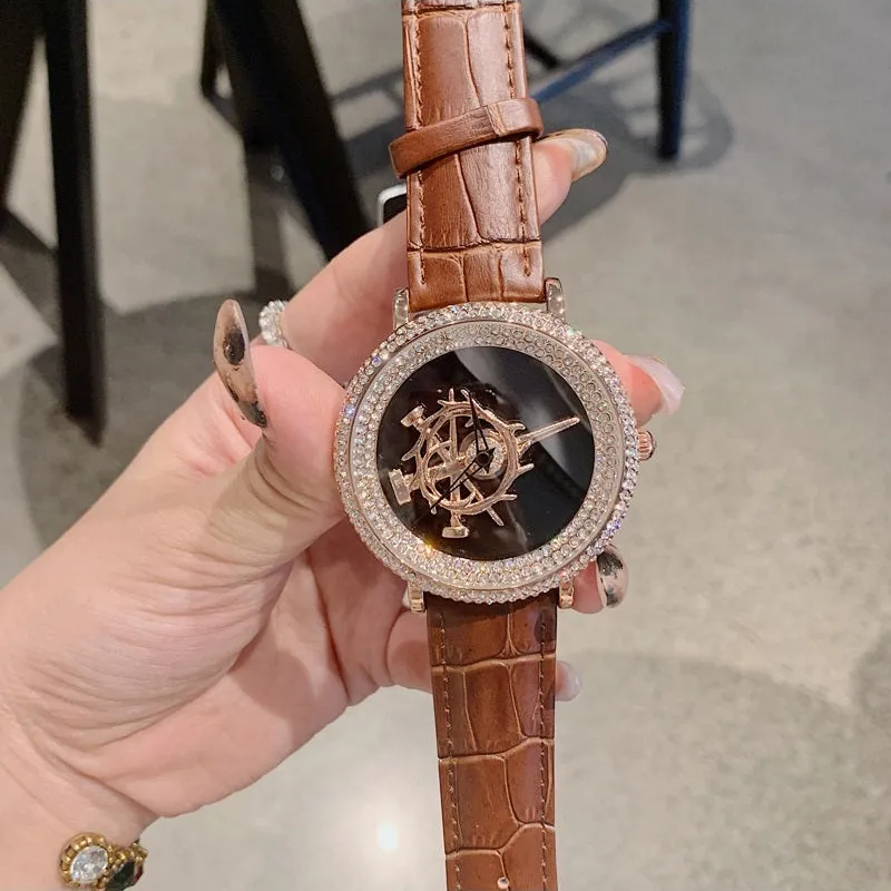 Women's Watch sword pattern black diamond large dial leather strap simple watch