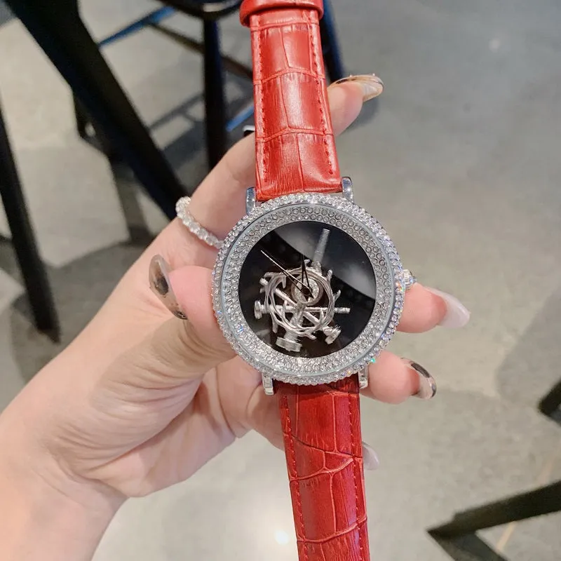Women's Watch sword pattern black diamond large dial leather strap simple watch