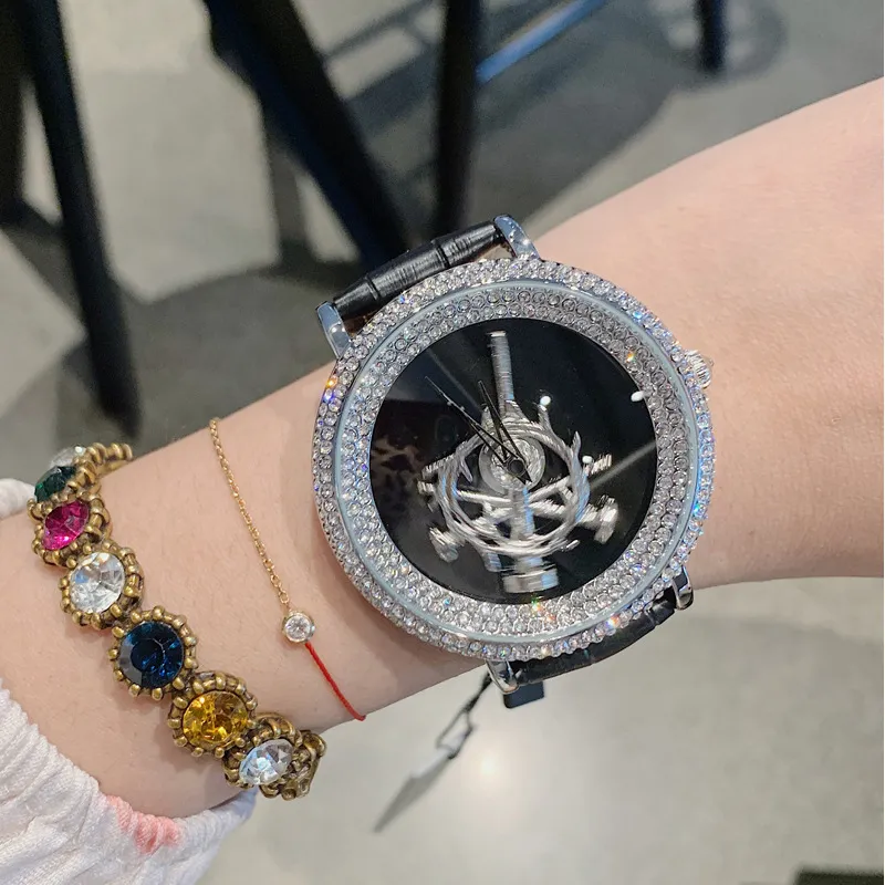 Women's Watch sword pattern black diamond large dial leather strap simple watch