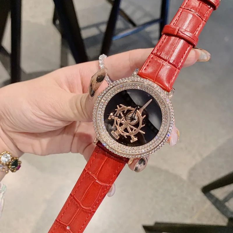 Women's Watch sword pattern black diamond large dial leather strap simple watch