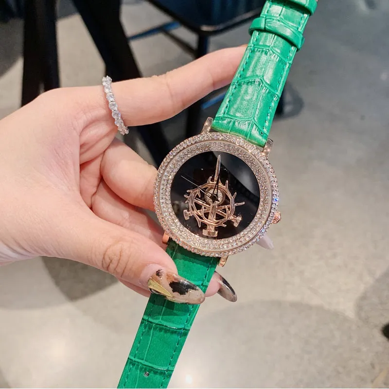 Women's Watch sword pattern black diamond large dial leather strap simple watch