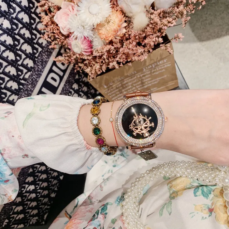 Women's Watch sword pattern black diamond large dial leather strap simple watch