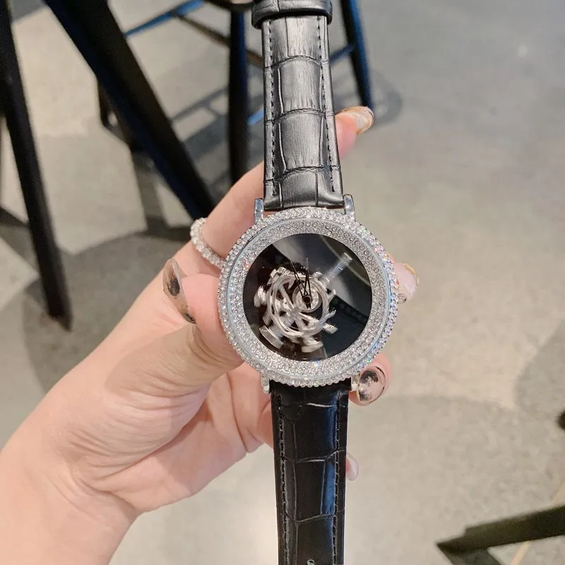 Women's Watch sword pattern black diamond large dial leather strap simple watch