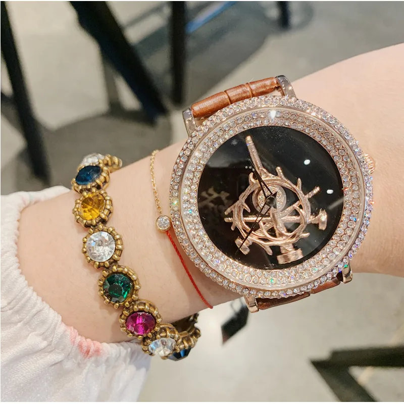 Women's Watch sword pattern black diamond large dial leather strap simple watch