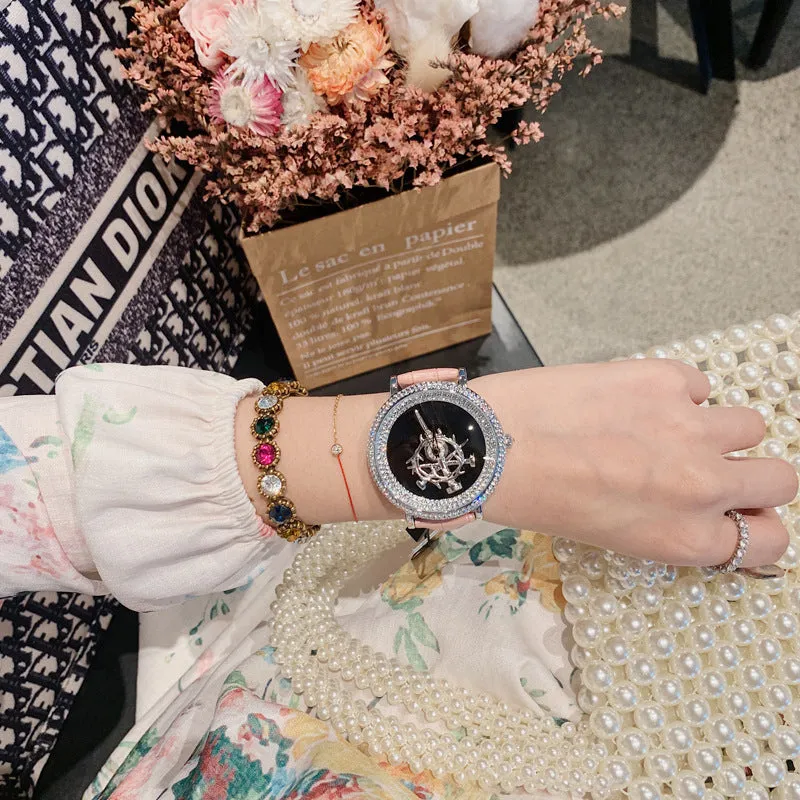 Women's Watch sword pattern black diamond large dial leather strap simple watch