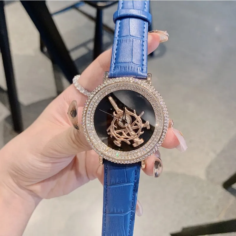 Women's Watch sword pattern black diamond large dial leather strap simple watch