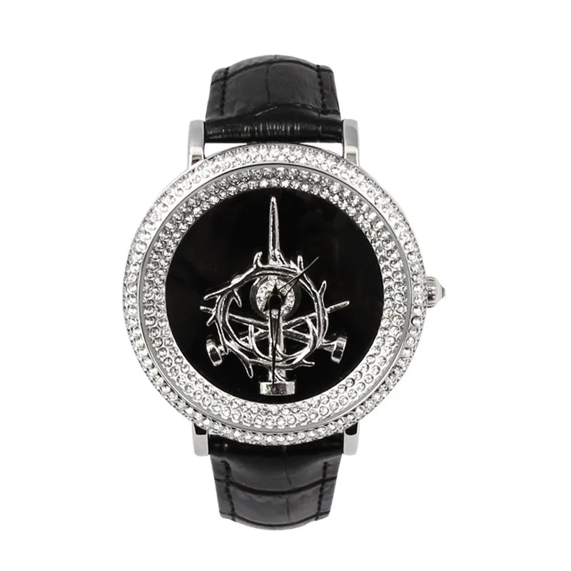 Women's Watch sword pattern black diamond large dial leather strap simple watch