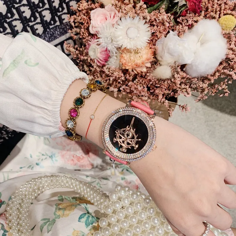 Women's Watch sword pattern black diamond large dial leather strap simple watch
