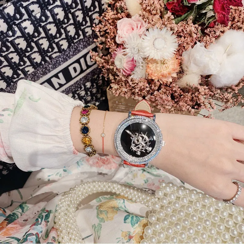 Women's Watch sword pattern black diamond large dial leather strap simple watch