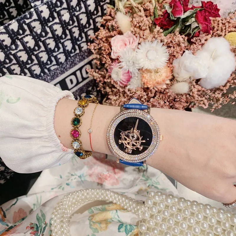 Women's Watch sword pattern black diamond large dial leather strap simple watch
