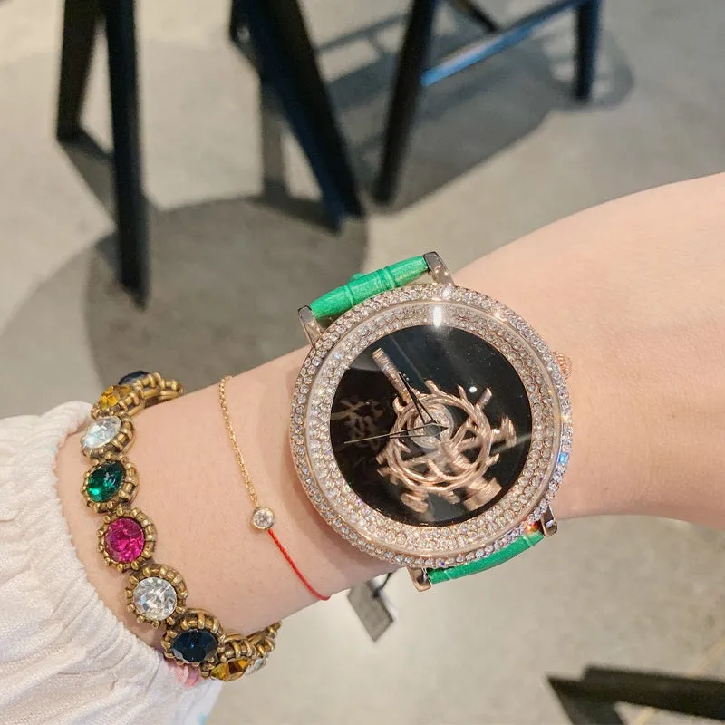 Women's Watch sword pattern black diamond large dial leather strap simple watch