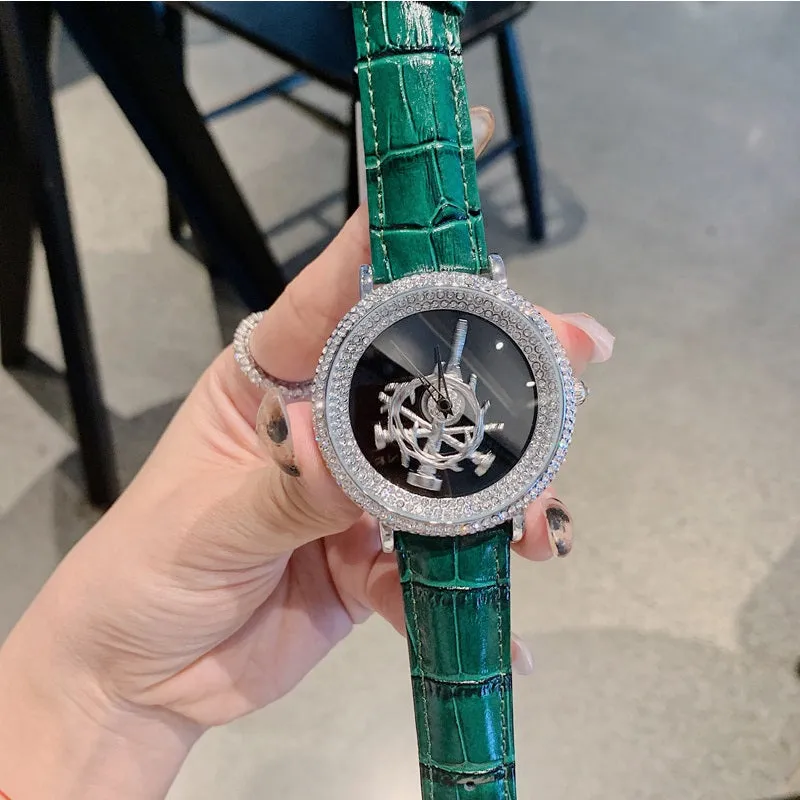 Women's Watch sword pattern black diamond large dial leather strap simple watch