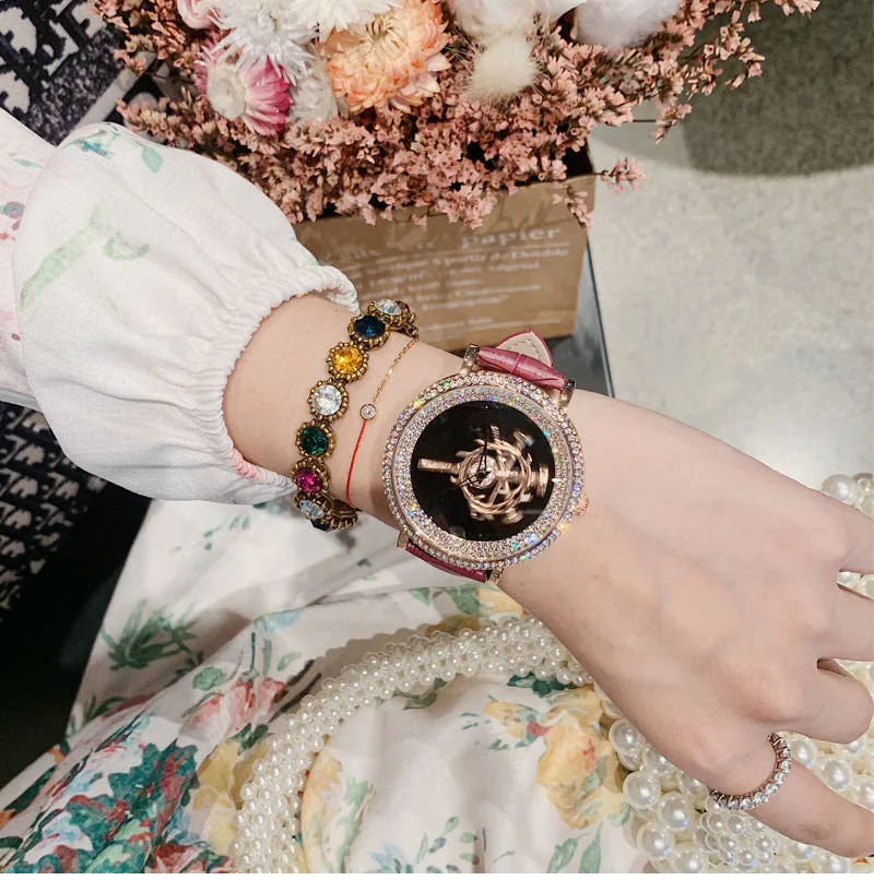 Women's Watch sword pattern black diamond large dial leather strap simple watch