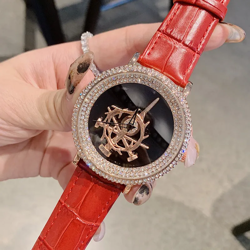 Women's Watch sword pattern black diamond large dial leather strap simple watch