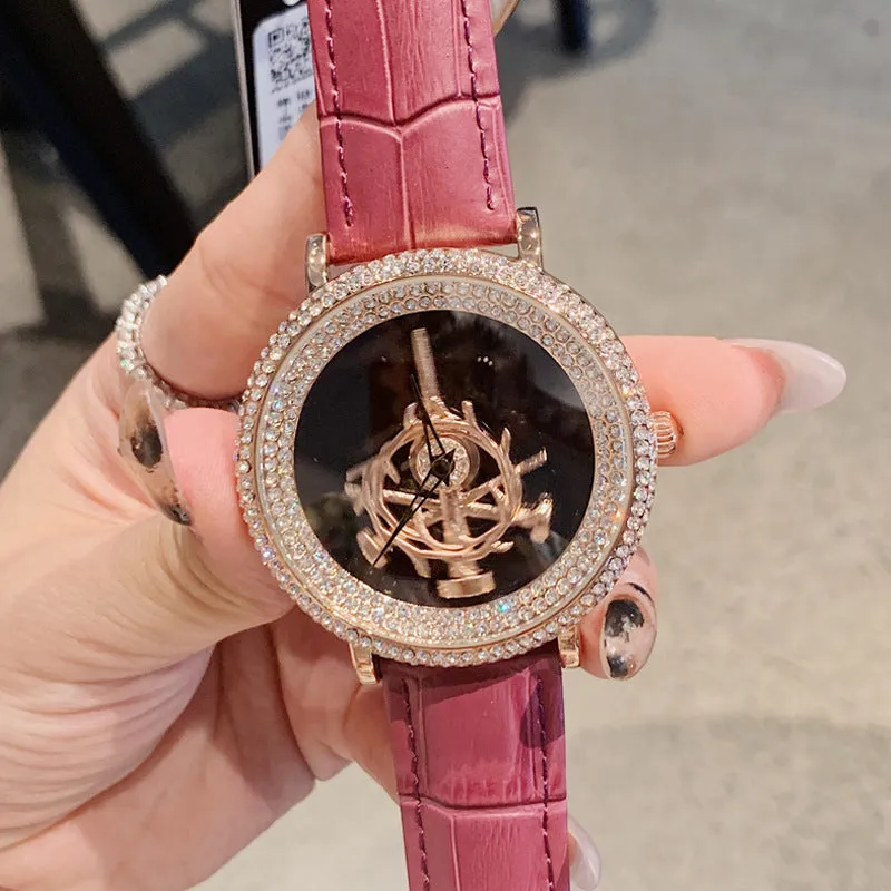 Women's Watch sword pattern black diamond large dial leather strap simple watch