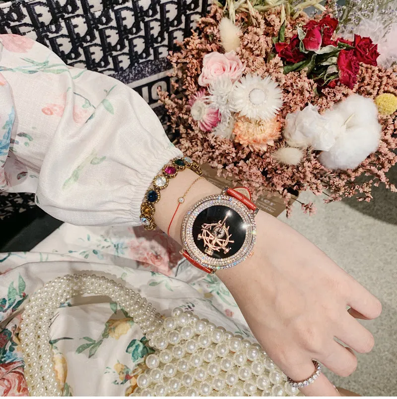 Women's Watch sword pattern black diamond large dial leather strap simple watch