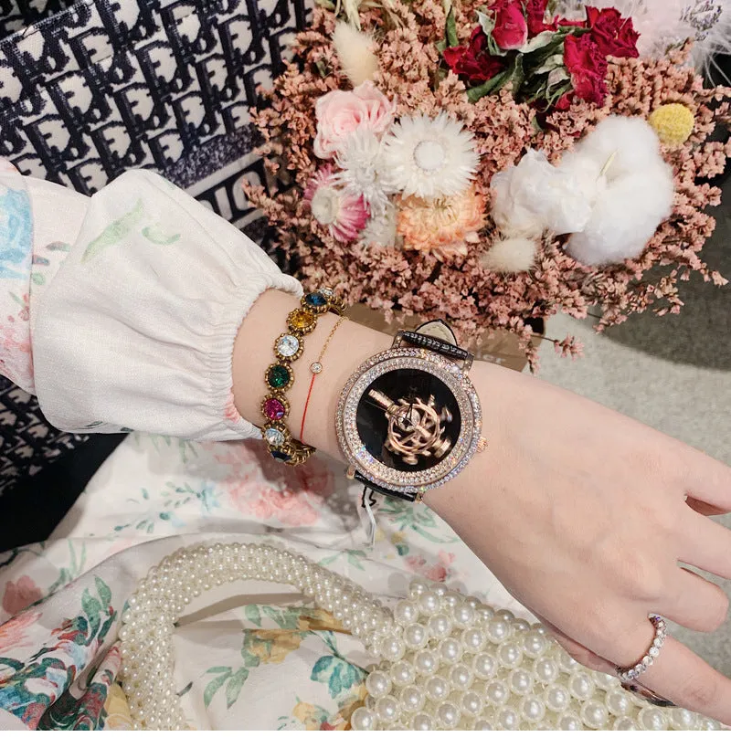 Women's Watch sword pattern black diamond large dial leather strap simple watch