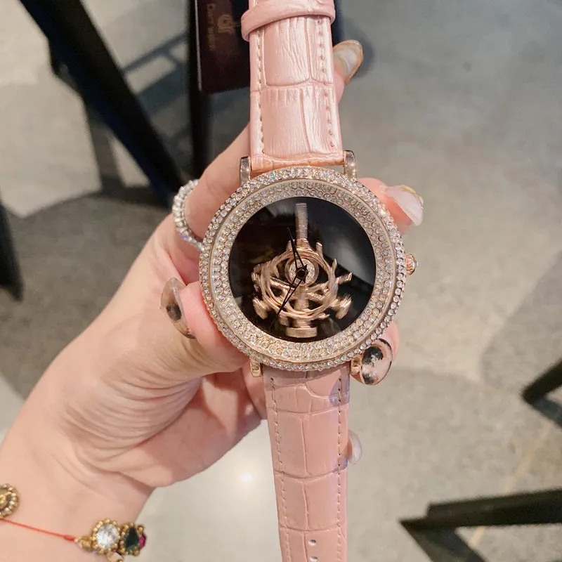 Women's Watch sword pattern black diamond large dial leather strap simple watch