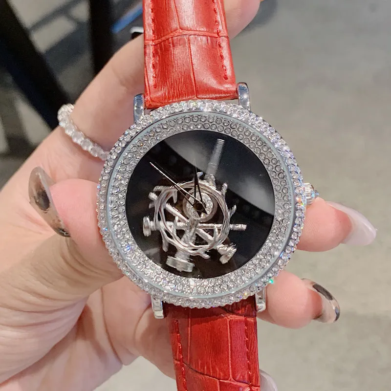 Women's Watch sword pattern black diamond large dial leather strap simple watch