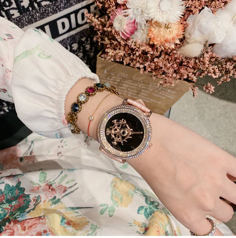 Women's Watch sword pattern black diamond large dial leather strap simple watch
