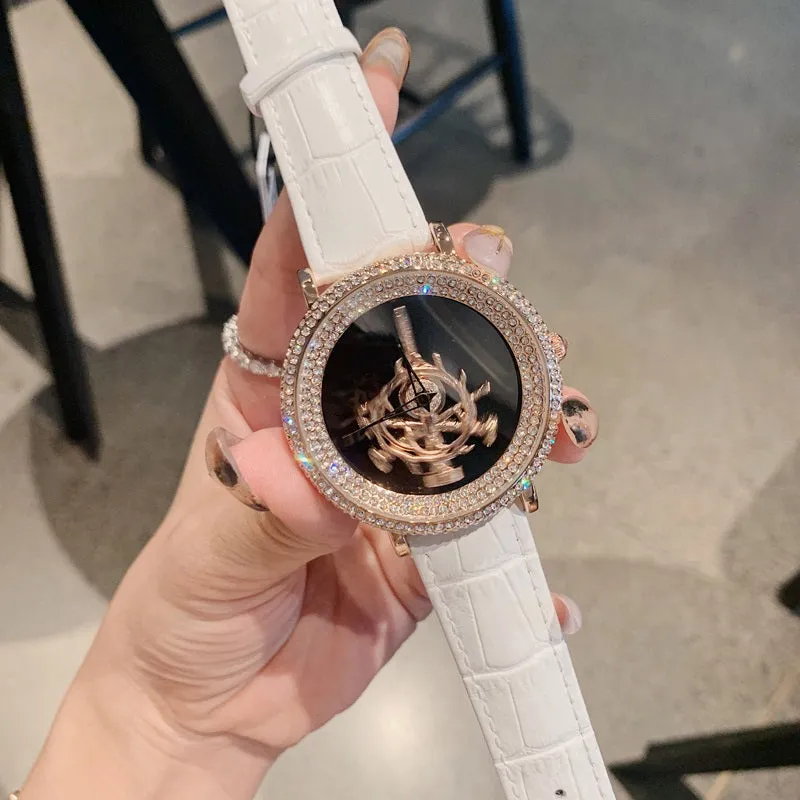 Women's Watch sword pattern black diamond large dial leather strap simple watch