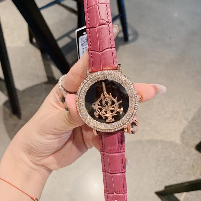 Women's Watch sword pattern black diamond large dial leather strap simple watch