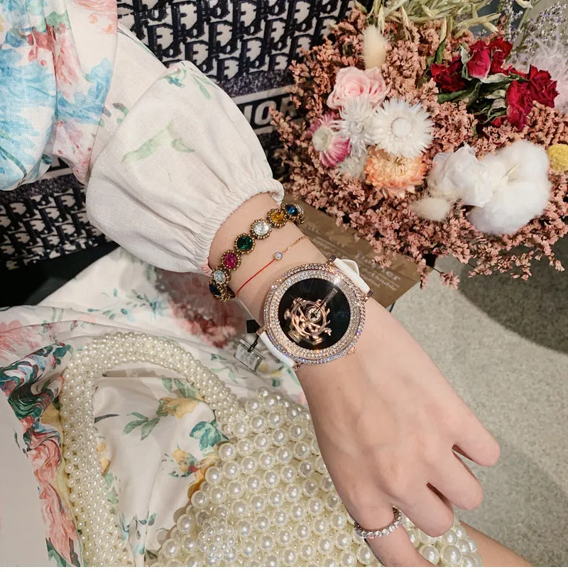 Women's Watch sword pattern black diamond large dial leather strap simple watch