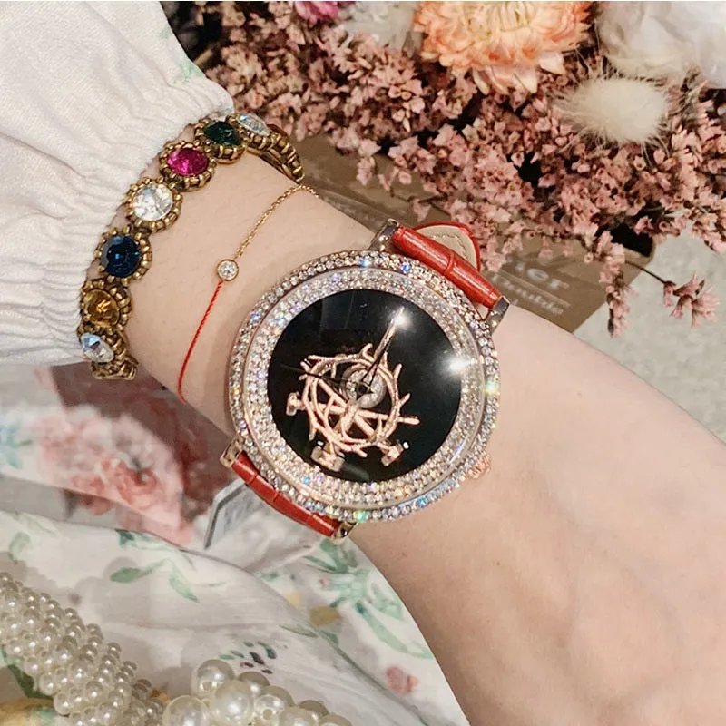 Women's Watch sword pattern black diamond large dial leather strap simple watch