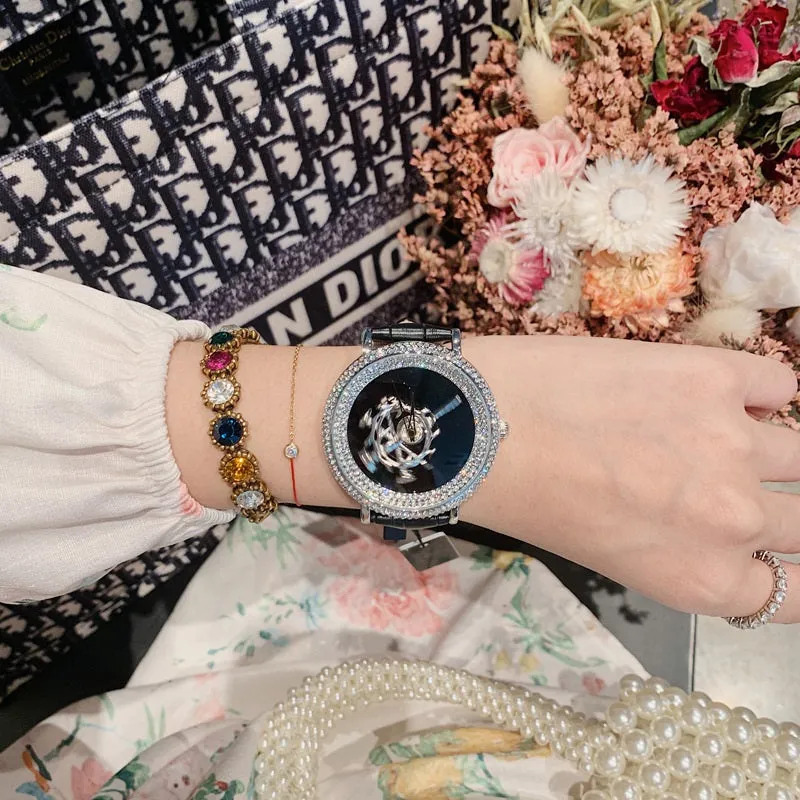 Women's Watch sword pattern black diamond large dial leather strap simple watch
