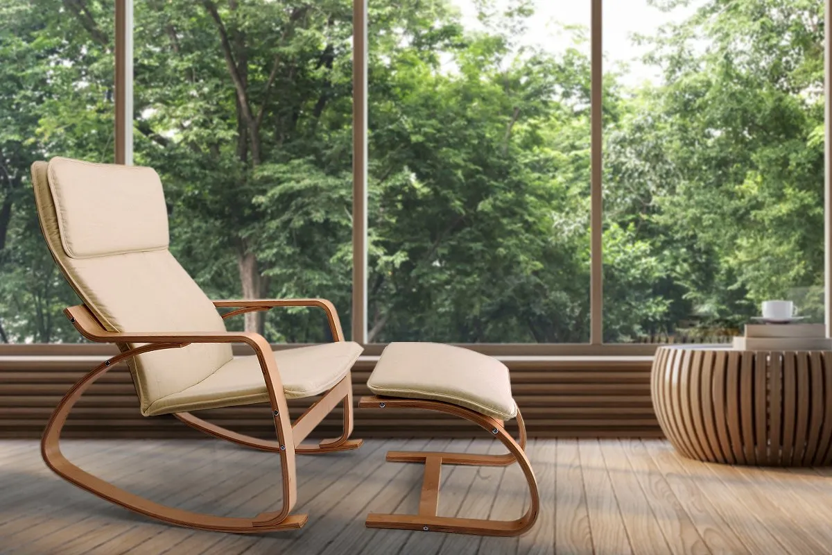 Wooden Armchair with Foot Stool - Beige