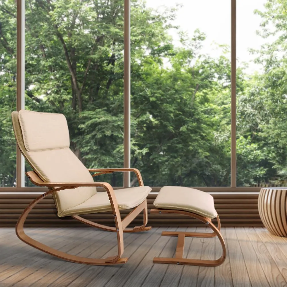 Wooden Armchair with Foot Stool - Beige