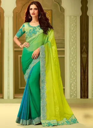 Yellow And Green Shaded Minimalist Embroidered Saree