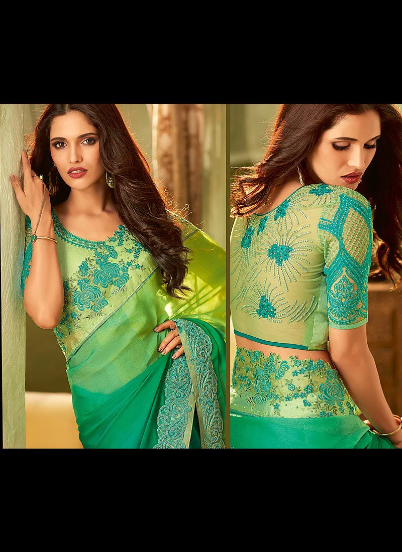 Yellow And Green Shaded Minimalist Embroidered Saree